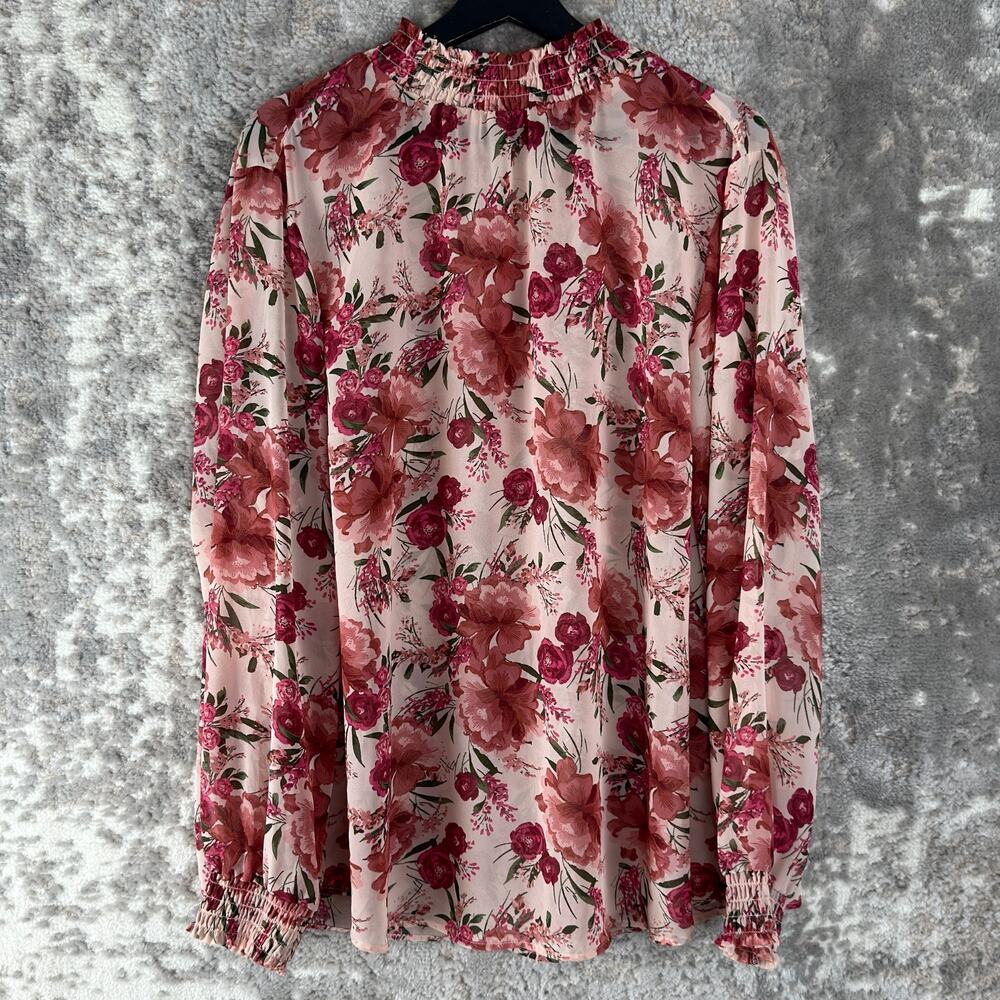 Torrid Plus Sz 2X Floral Print Casual Pullover Top Pink Long Sleeve Button Blous